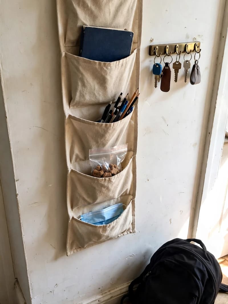 A hanging fabric pocket organizer on a hallway wall holding mail, a notebook, pens and dog treats, with a key hook row beside it