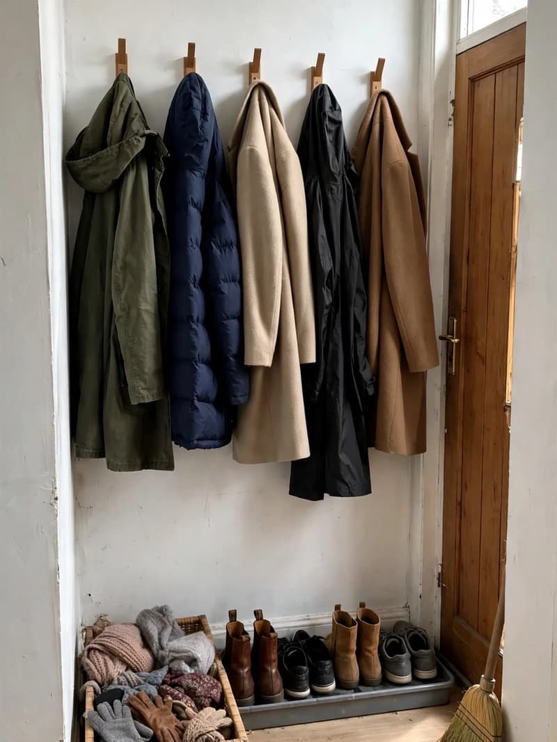A tidy entryway after a reset, with current-season coats on wall hooks, paired shoes on a tray, and a basket of off-season scarves and gloves
