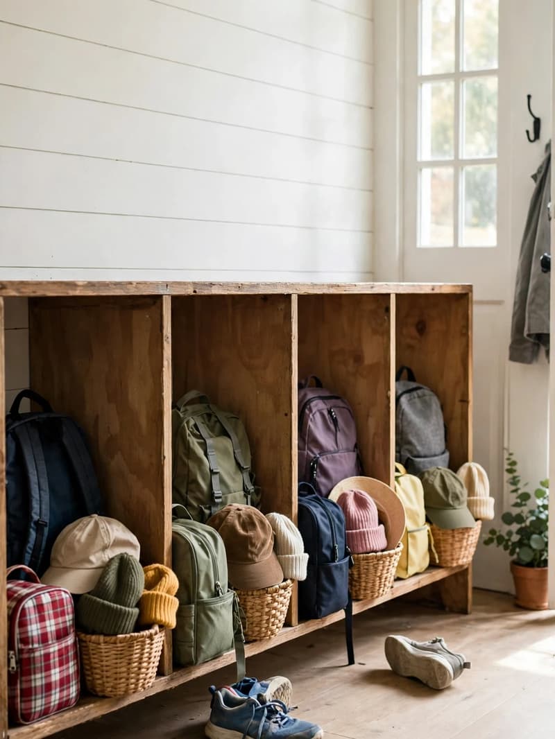A low wooden cubby wall in a bright family entryway, each cubby holding one child's backpack, lunch bag and small basket of hats