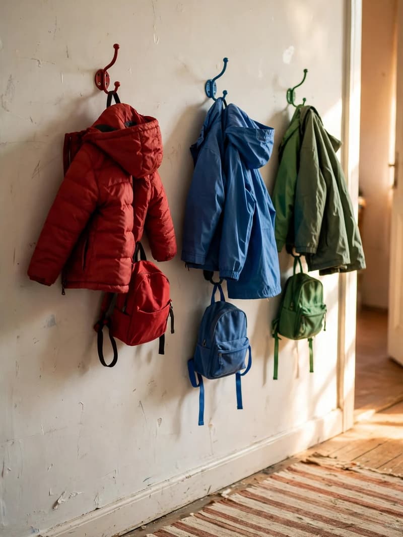A row of colorful wall hooks in a family hallway, each holding a different child's coat and backpack, with a small rug below