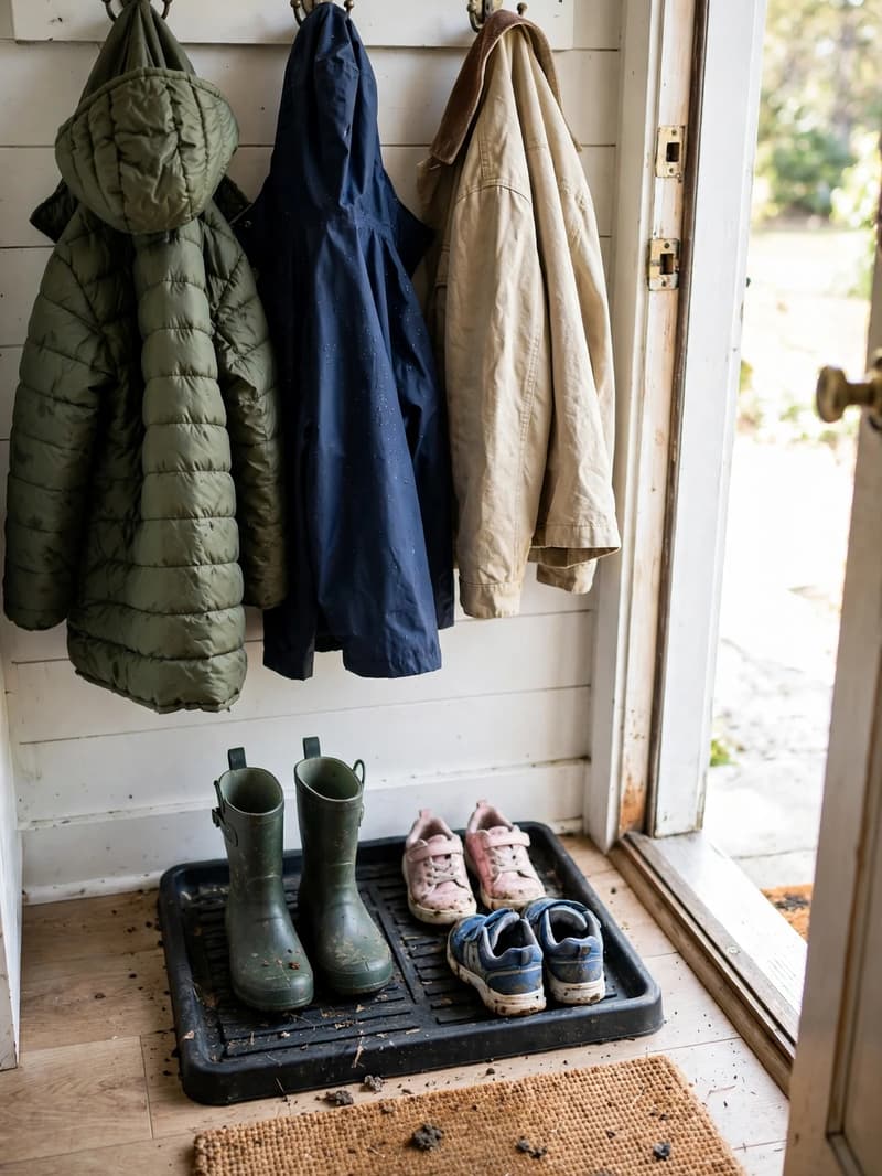 A low boot tray by a front door holding children's sneakers and rain boots in neat pairs, with a small rug and coats hanging above