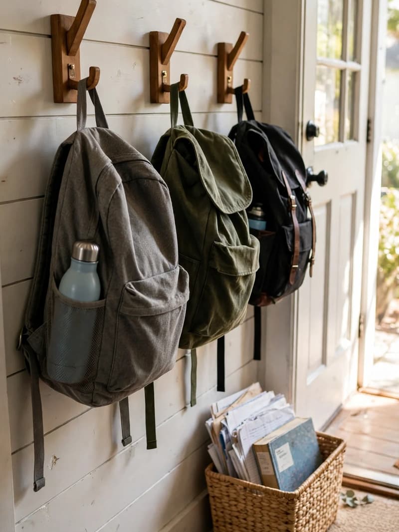 Backpacks hanging on sturdy hooks in a sunny family entryway, with a small bin beside them for school papers and library books