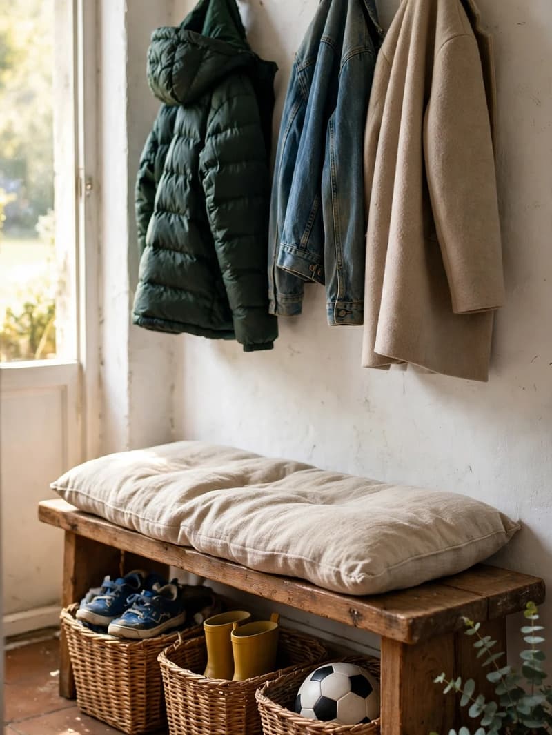 A low wooden entryway bench with woven baskets underneath holding shoes and sports gear, a child-sized cushion on top, in bright daylight