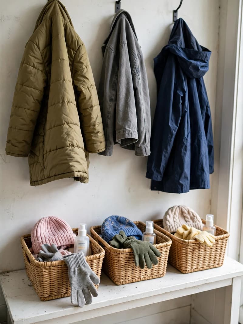 Small open bins on a low entryway shelf, each holding a child's hat, gloves and a sunscreen bottle, with coats hanging above