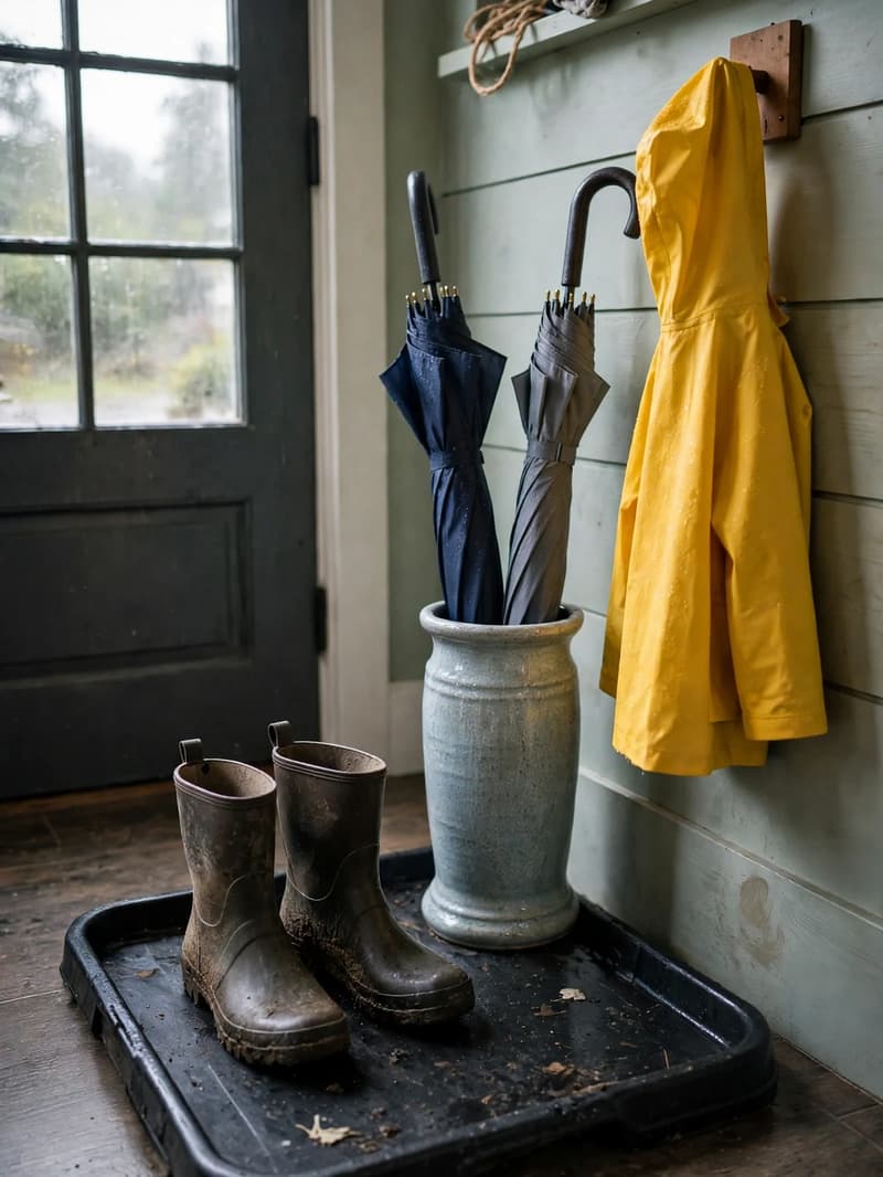 A wet-weather corner in a family entryway with rain boots on a tray, a tall umbrella stand and a raincoat on its own hook