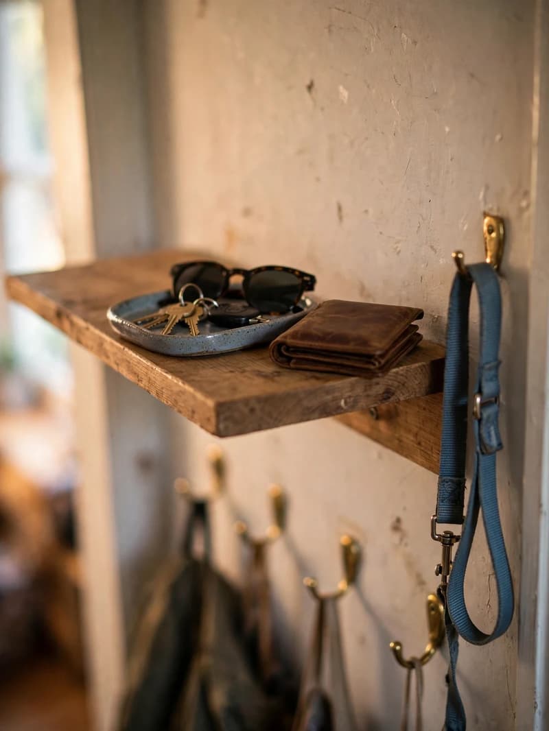 A high wooden shelf in a family entryway holding a small tray with keys, sunglasses and a wallet, with a dog leash on a hook beside it