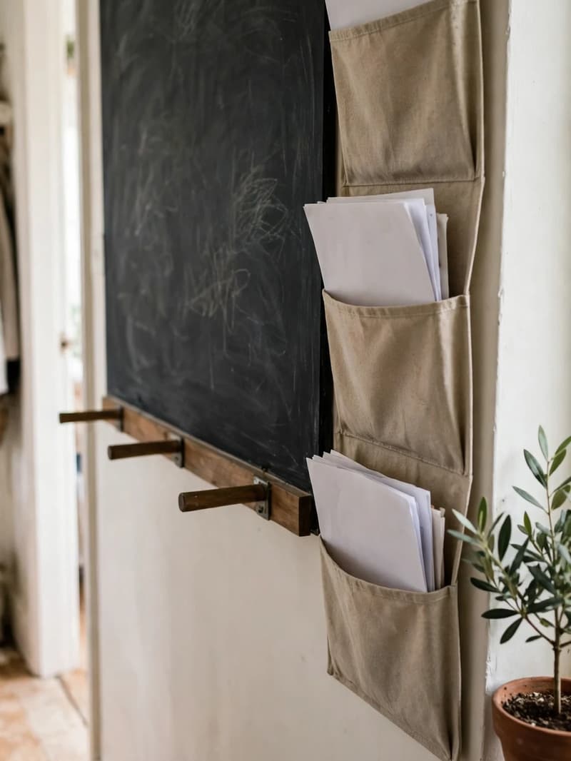 A family command board in a bright hallway with a chalkboard schedule, pegs for the week ahead and wall files holding school papers
