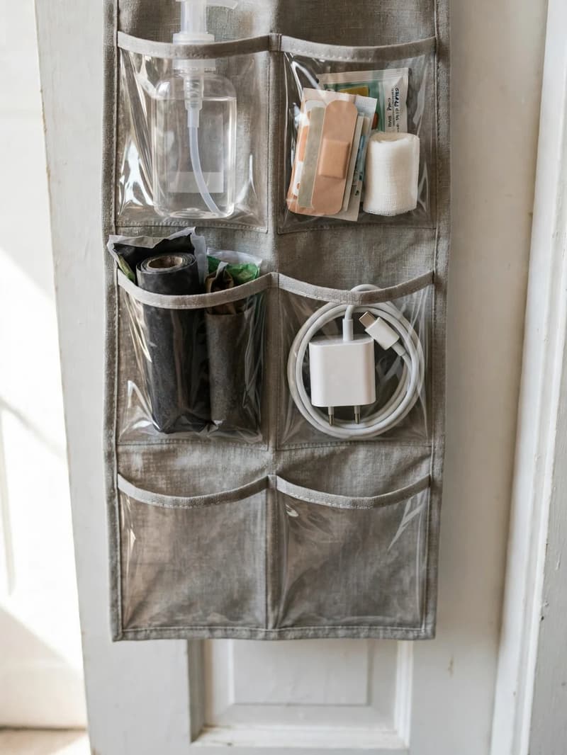 An over-the-door pocket organizer on a hallway closet door holding hand sanitizer, plasters, dog bags and small everyday items in clear pockets