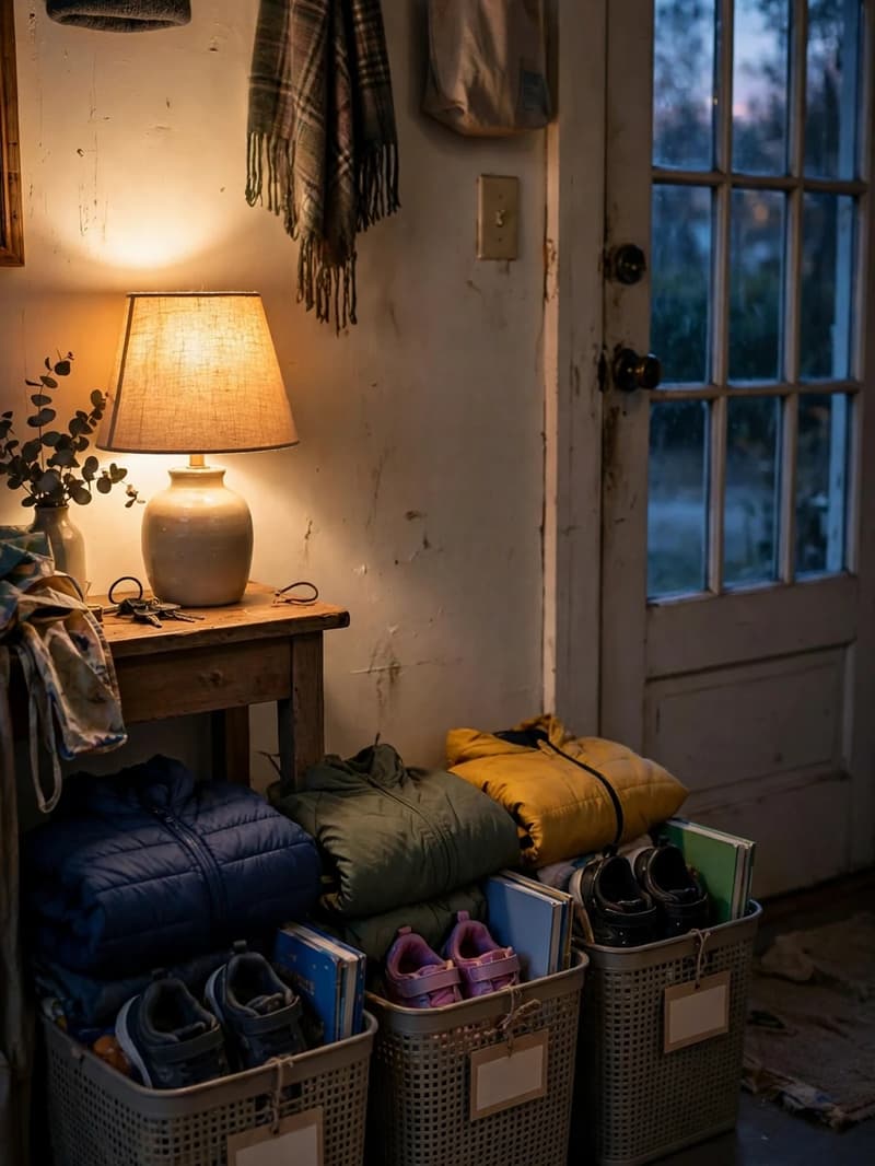 Small labeled bins in a family entryway at night, each packed with a child's shoes, jacket and school items ready for the morning