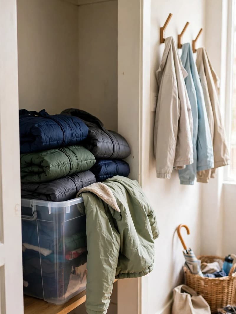 A labeled storage bin in a closet holding folded out-of-season children's coats, with light jackets hanging on hooks nearby in a bright hallway