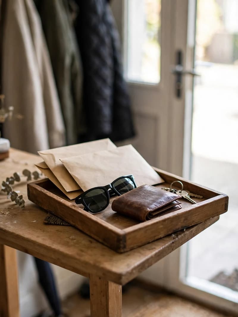 A small wooden landing tray on a console table by a front door holding mail, sunglasses and a wallet, with coats hanging in the background