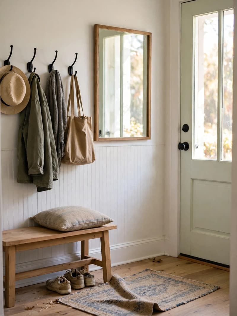 A framed mirror hung at child height in a sunny entryway beside a front door, with a bench and coat hooks visible beside it