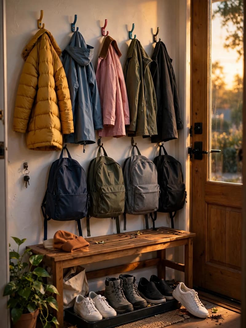 A tidy family entryway on a Sunday evening with shoes paired on a tray, coats on color hooks and backpacks hung neatly by the door