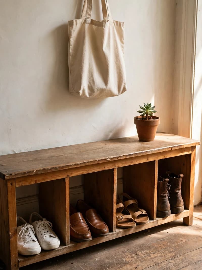 A wooden entryway bench with open cubbies underneath holding sneakers, loafers, sandals and ankle boots, with a tote bag on a wall hook above