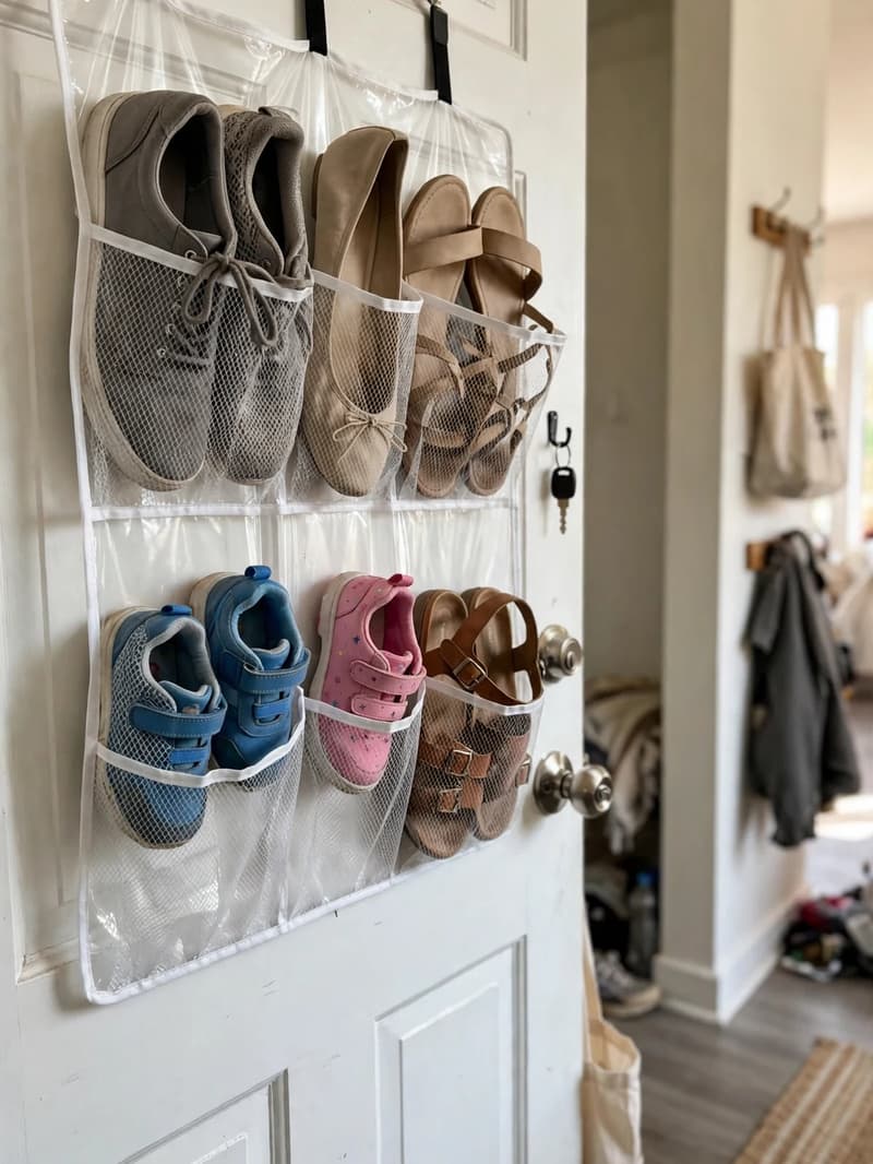 A clear over-the-door shoe organizer on the inside of a white front door with sneakers, flats, sandals and kids shoes in the pockets