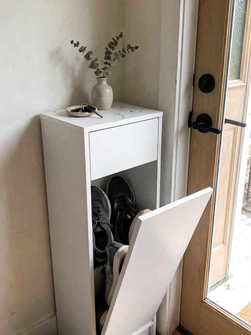 A slim white tilt-out shoe cabinet beside a front door with one drawer open showing shoes stored toe-down, a keys dish on top