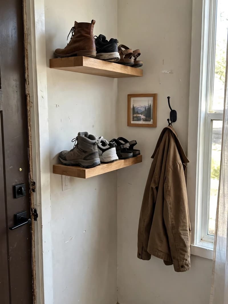Two low wooden floating shelves on a hallway wall near a front door with boots, sneakers and sandals lined up heel to wall