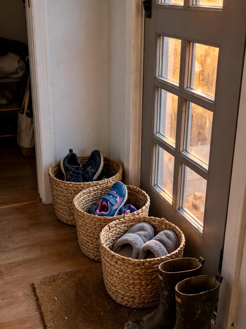 Three woven seagrass baskets in a row beside a front door, each holding one person's shoes, with a doormat and muddy boots beside them