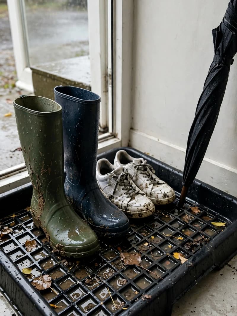 A black rubber boot tray with a raised grid base just inside a front door holding muddy rain boots, wellies and wet sneakers