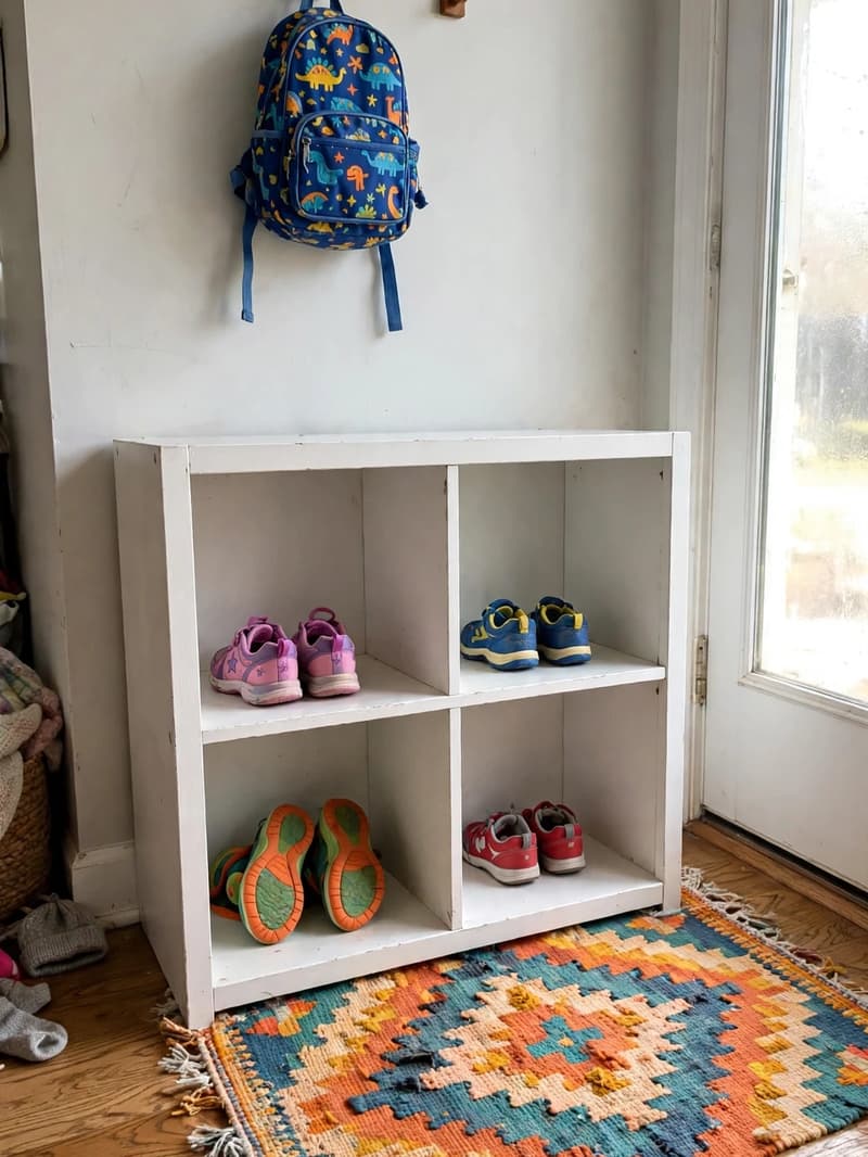A low white cubby shelf at child height in a family entryway with small colourful kids shoes in each cubby and a backpack hanging above