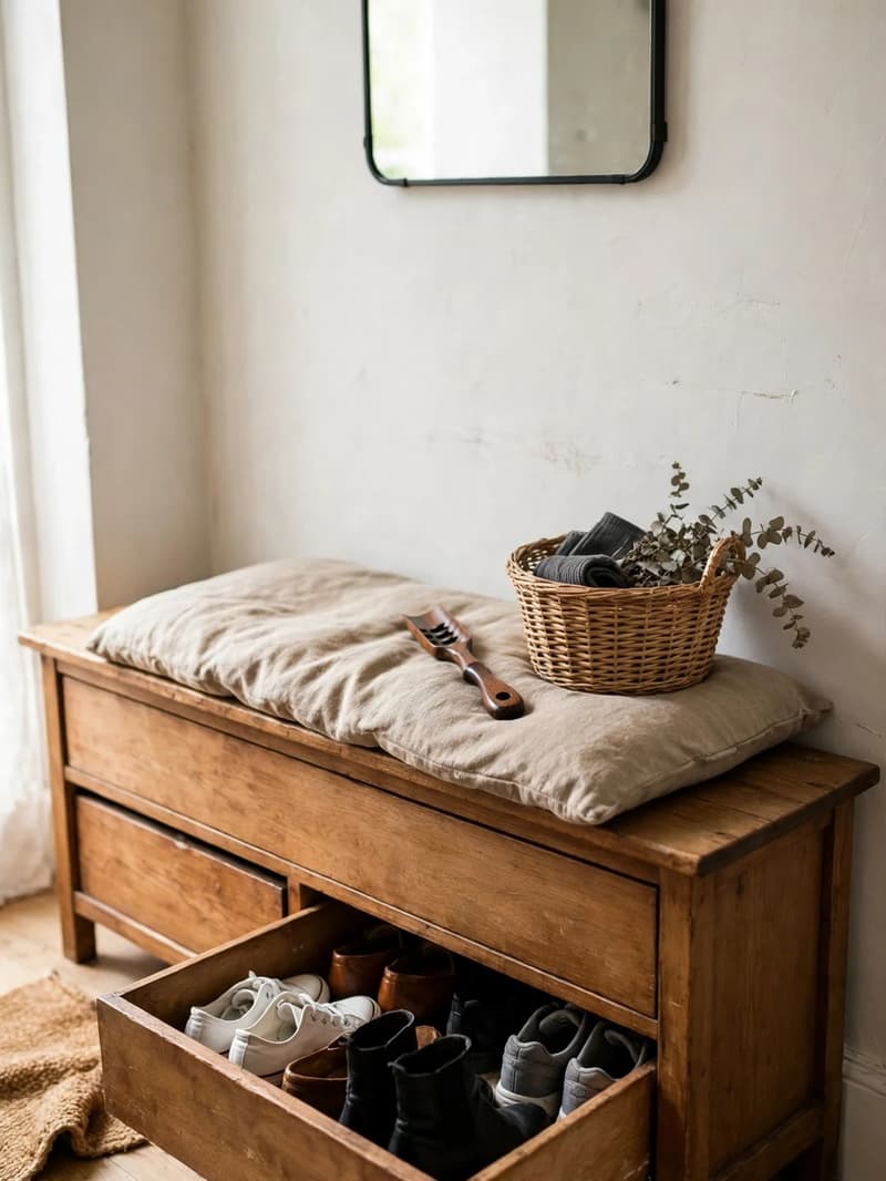 A wooden entryway bench with two pull-out drawers underneath, one drawer open showing pairs of shoes stored in a row inside