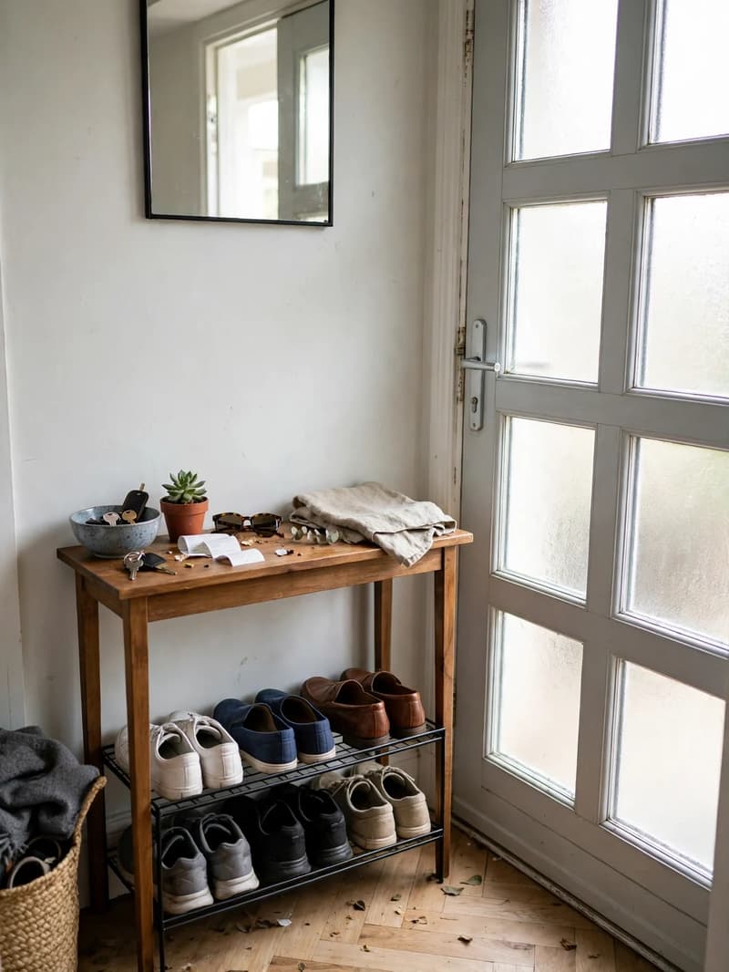 A narrow console table in an entryway with a low two-tier shoe rack tucked underneath holding shoes, a keys bowl on top