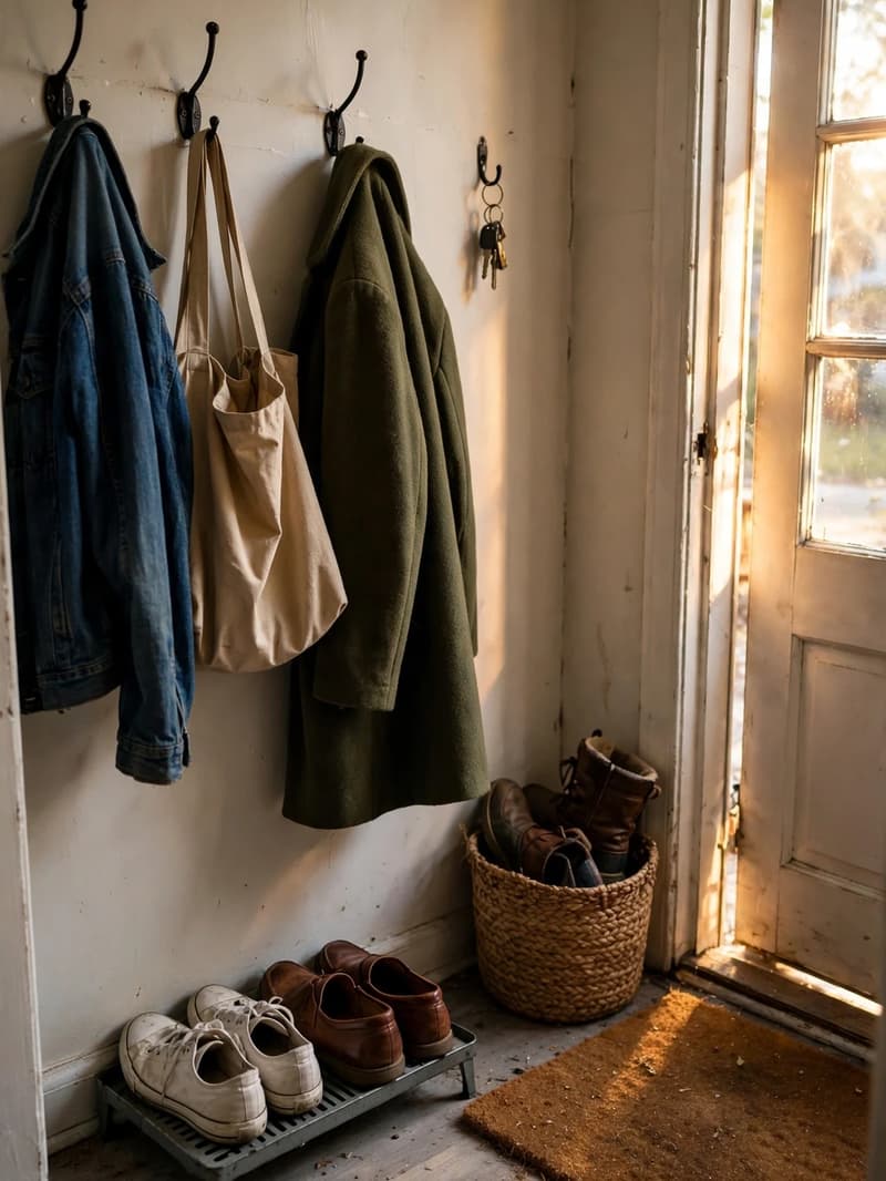 A complete front-door landing zone with wall hooks holding coats and a bag, a shoe tray below with everyday shoes, and a basket for off-season shoes