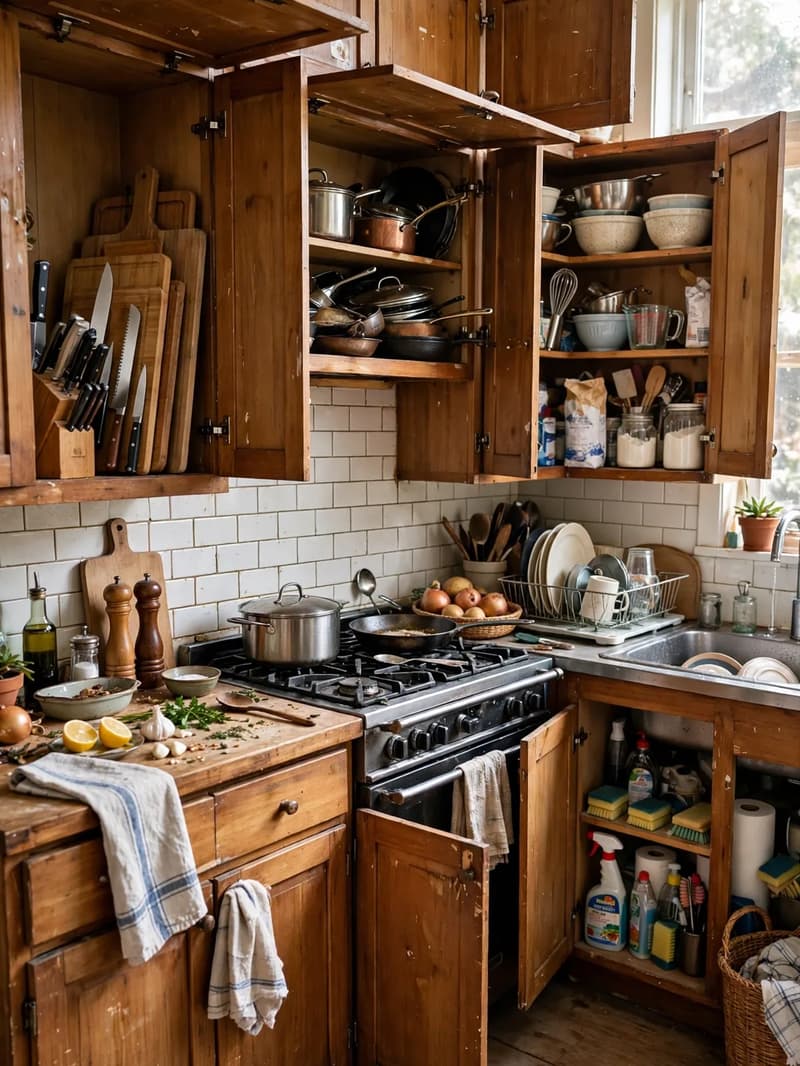 A warm wooden kitchen with cabinets open showing prep, cooking, baking and cleaning zones around the stove and sink