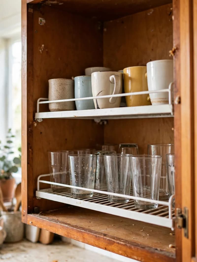 An open upper cabinet with white shelf risers holding mugs on one level and drinking glasses below