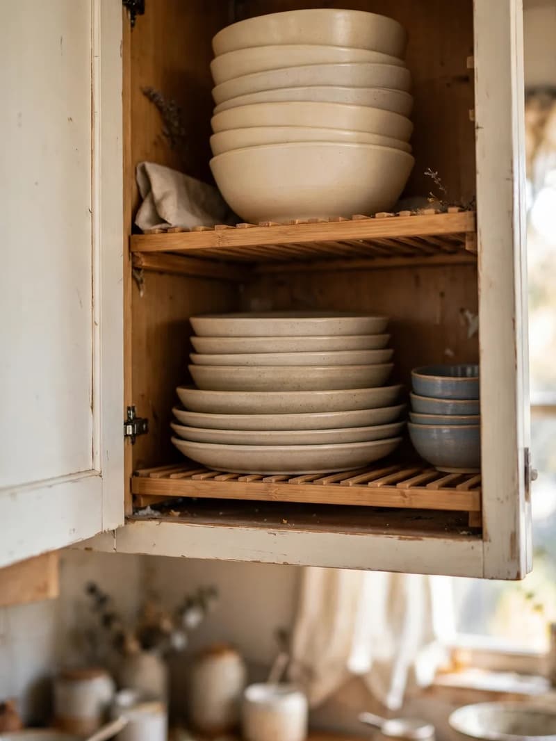 Stackable bamboo shelves inside an open upper cabinet holding bowls and serving dishes in short neat stacks