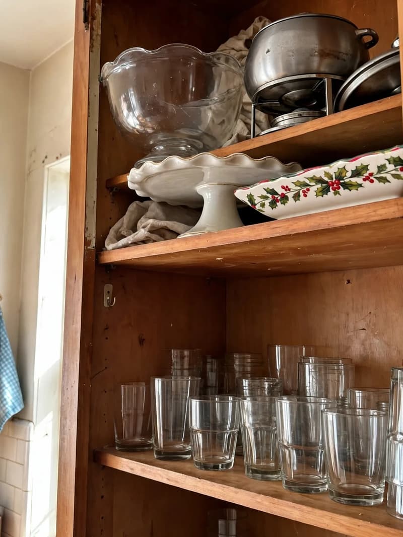 The highest shelf of a tall upper cabinet holding a glass punch bowl, cake stand and holiday platter above everyday glasses