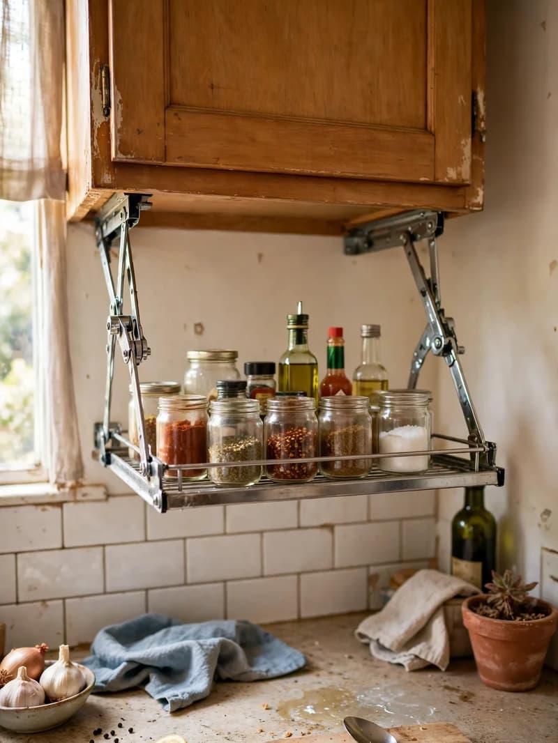 A metal pull-down shelf unit lowered from a high upper cabinet holding spice jars and oil bottles at counter height