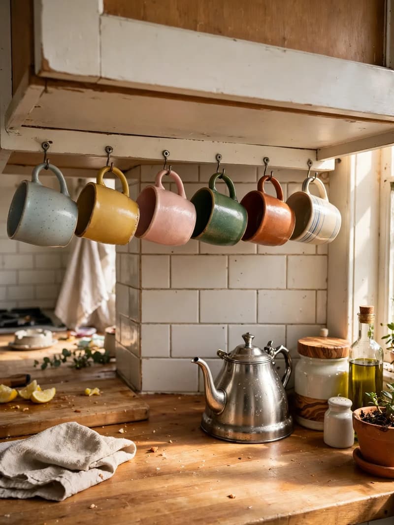 Colorful mugs hanging from hooks screwed under an upper kitchen cabinet above a wooden counter with a kettle