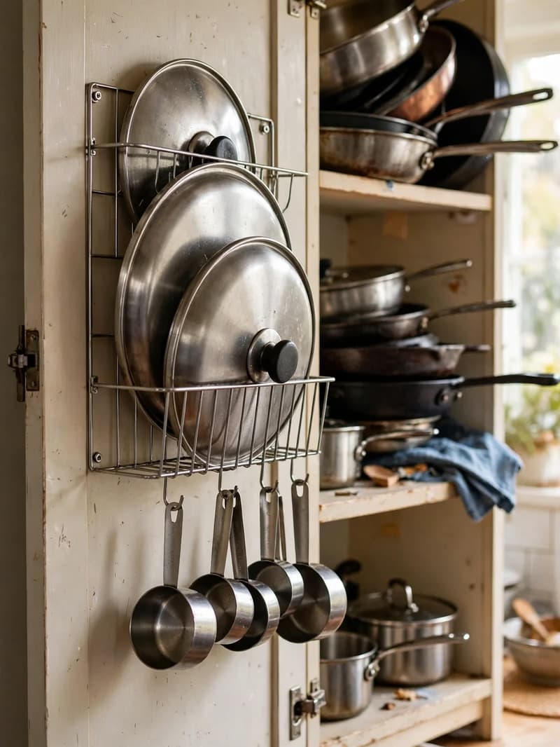 A wire rack mounted inside a cabinet door holding pot lids upright with measuring cups hanging below