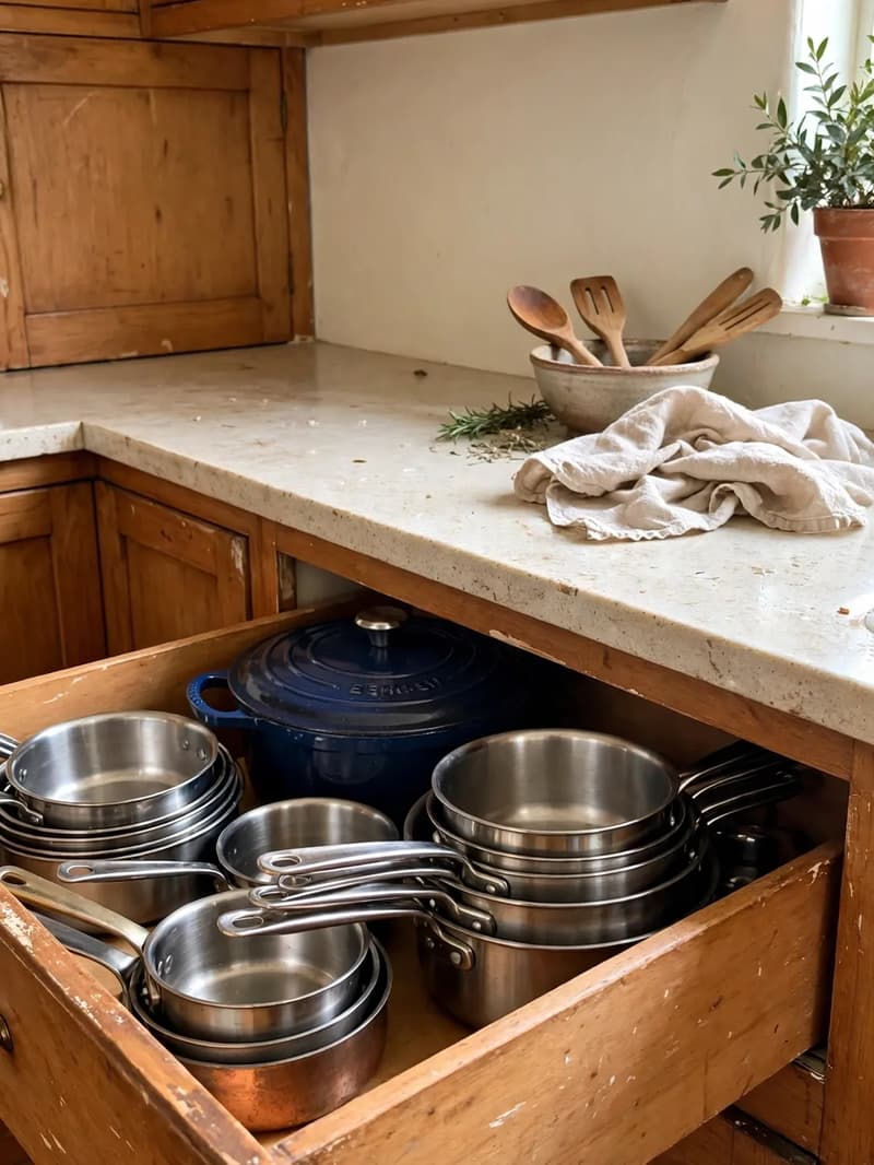 A deep lower kitchen drawer pulled open showing a blue Dutch oven and stacked saucepans stored neatly inside
