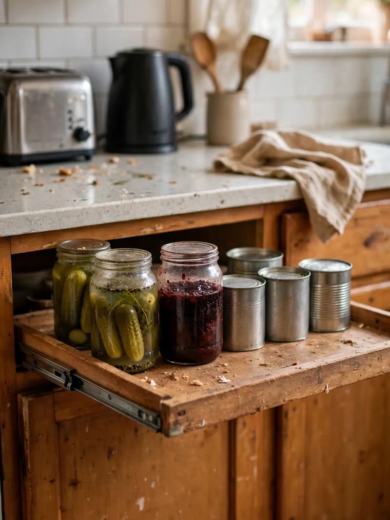 A wooden roll-out shelf pulled out of a lower cabinet holding glass jars of pickles and preserves with plain tins behind