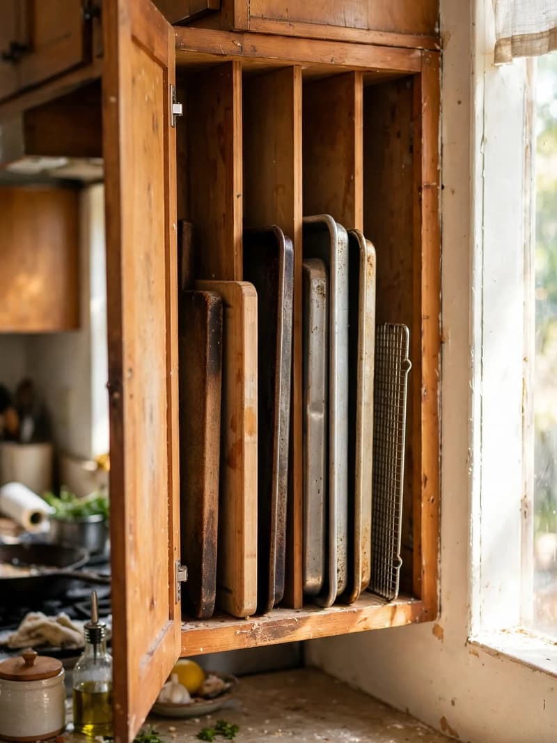Cutting boards and sheet pans standing upright in vertical divider slots inside a narrow wooden cabinet
