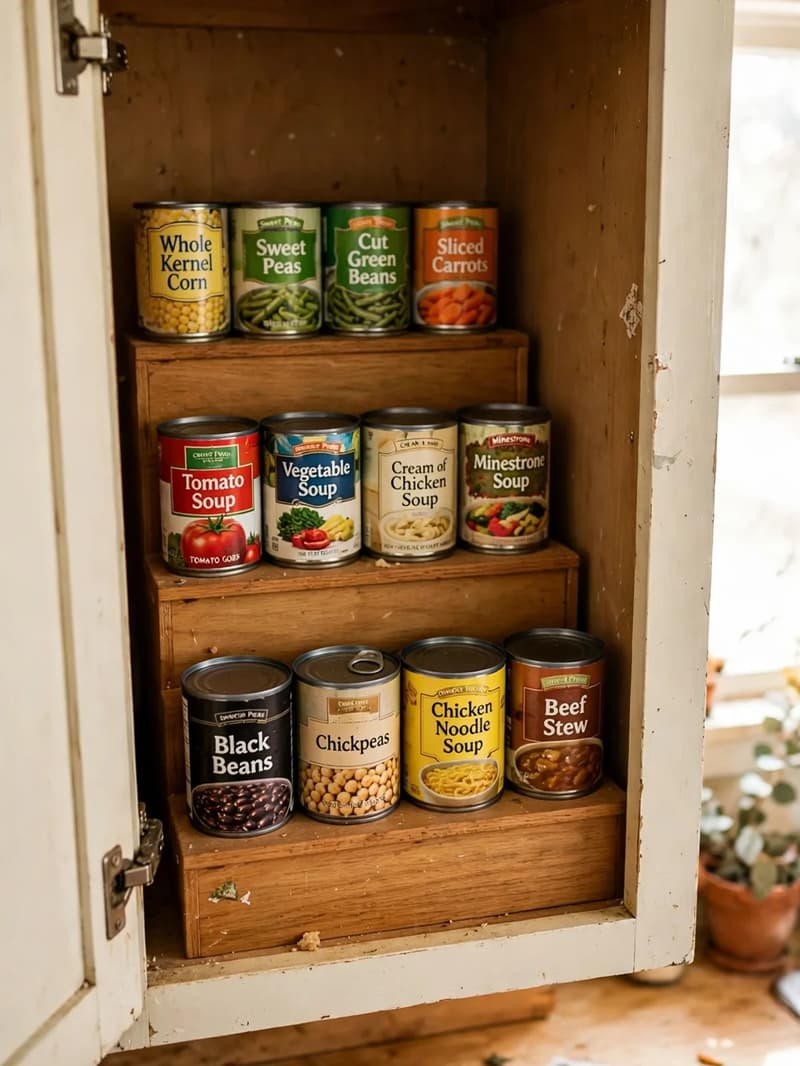 A tiered wooden can riser inside a cabinet holding rows of soup and vegetable cans with every label visible