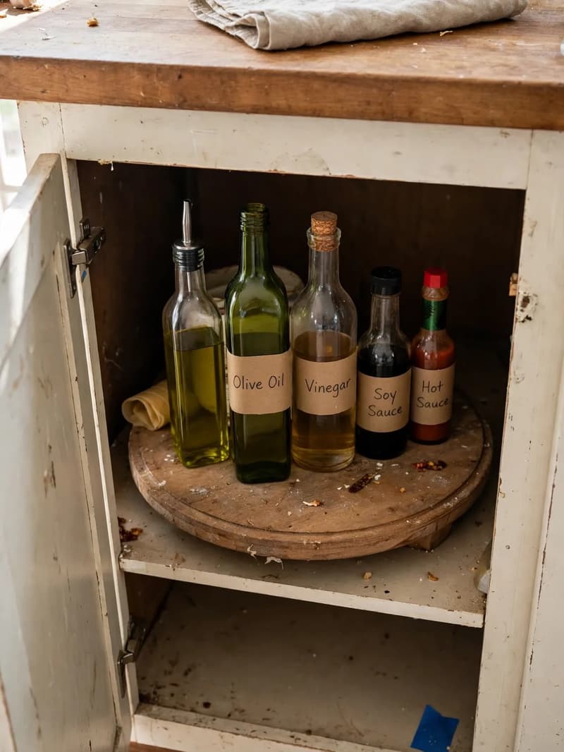 A wooden lazy susan turntable in a deep lower cabinet holding labeled bottles of olive oil, vinegar and sauces
