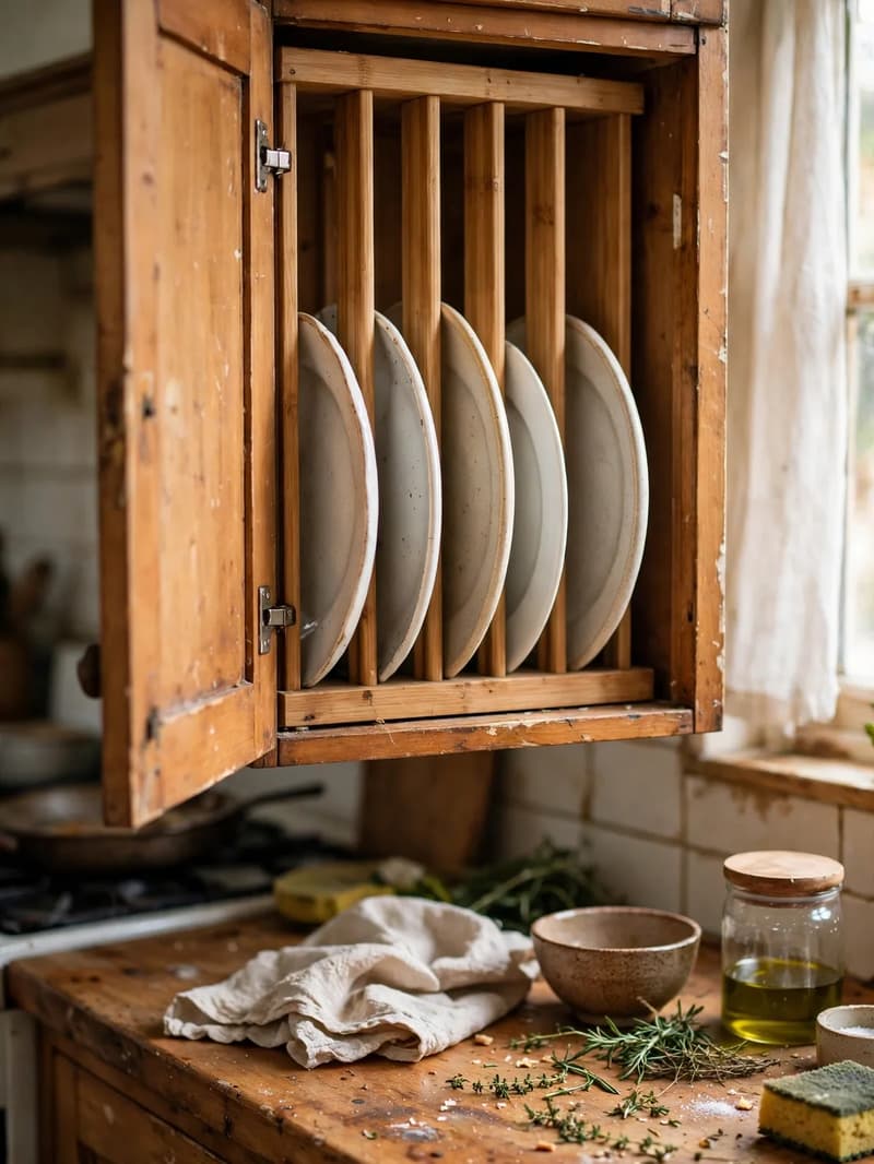 Dinner plates standing upright in the slots of a wooden vertical plate rack inside an open cabinet