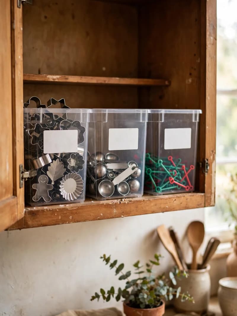 Three clear bins with blank white labels inside a cabinet corralling cookie cutters, measuring spoons and bag clips