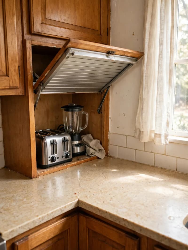 A corner appliance garage with its lift-up door open showing a toaster and blender tucked inside above a clear counter