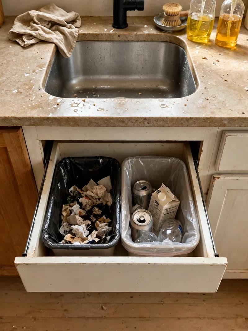A pull-out cabinet under a kitchen sink holding two bins side by side for trash and recycling