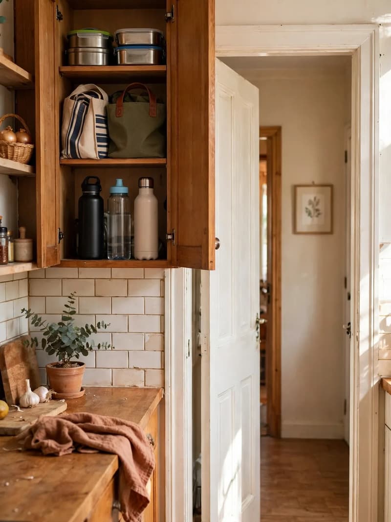 A cabinet beside a kitchen doorway holding lunchboxes, reusable bags and water bottles in neat rows