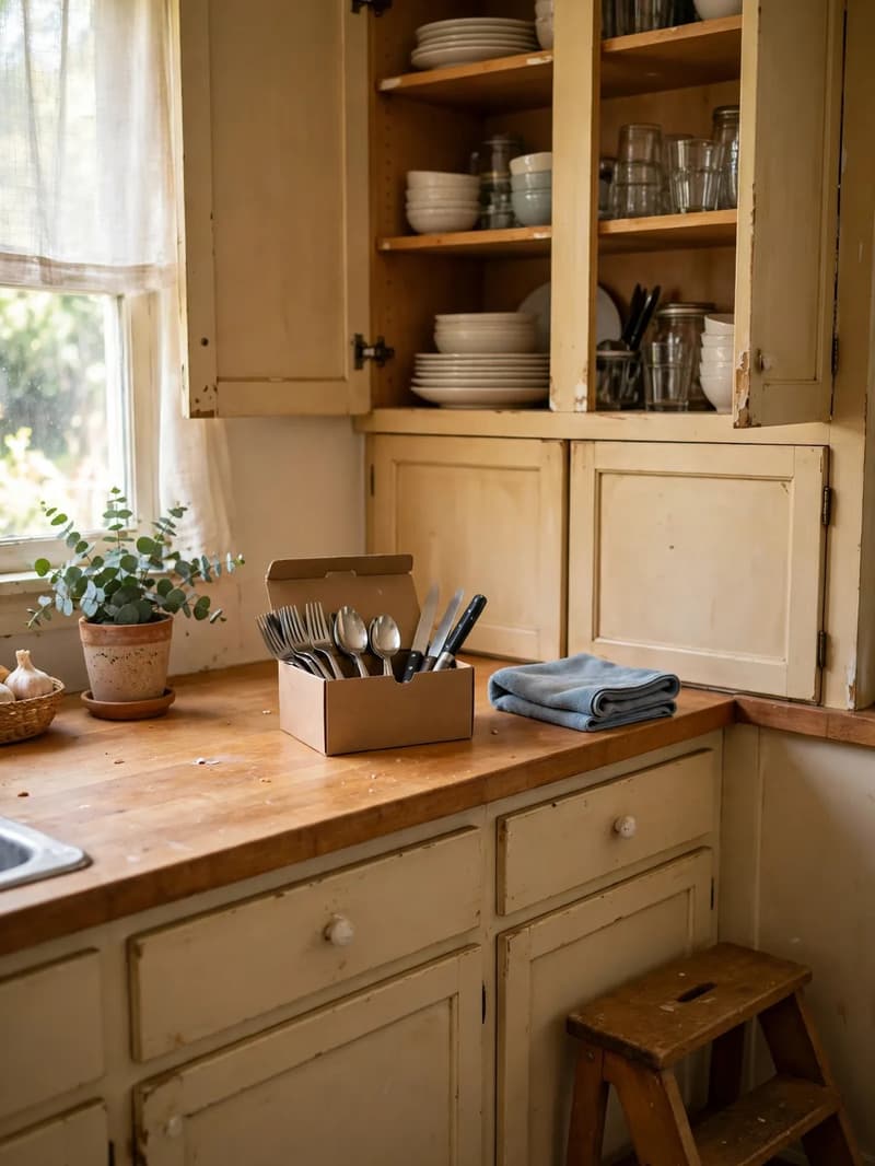 Tidy open kitchen cabinets during a quick reset with a folded cloth, step stool and a box of duplicate utensils on the counter