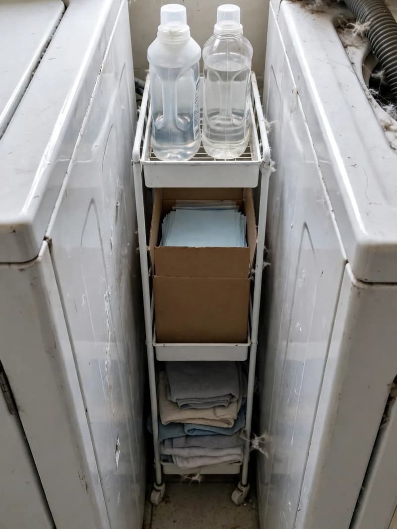 A slim white three-tier rolling cart tucked in the narrow gap between a washer and dryer, holding detergent bottles and folded cloths