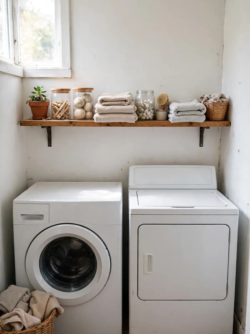 A long wooden shelf above a washer and dryer holding glass jars of pegs and dryer balls, folded towels and a small woven basket