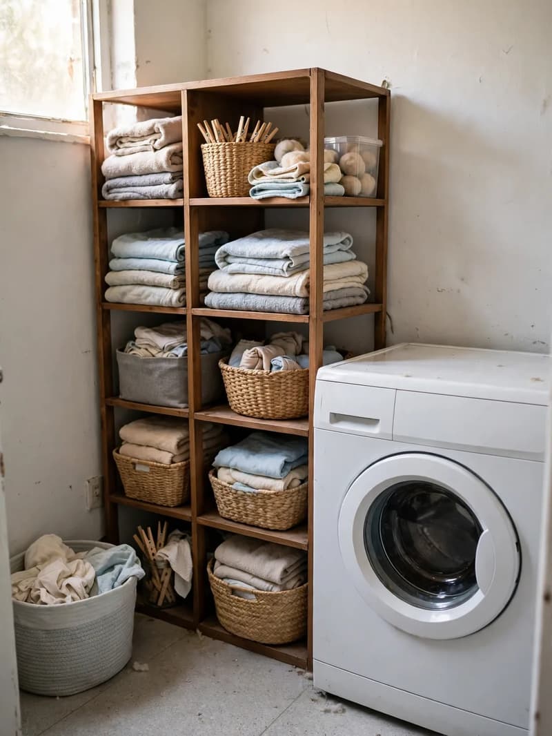 Tall stackable wooden cubby shelves beside a washing machine, filled with woven baskets, folded towels and a jar of clothespins