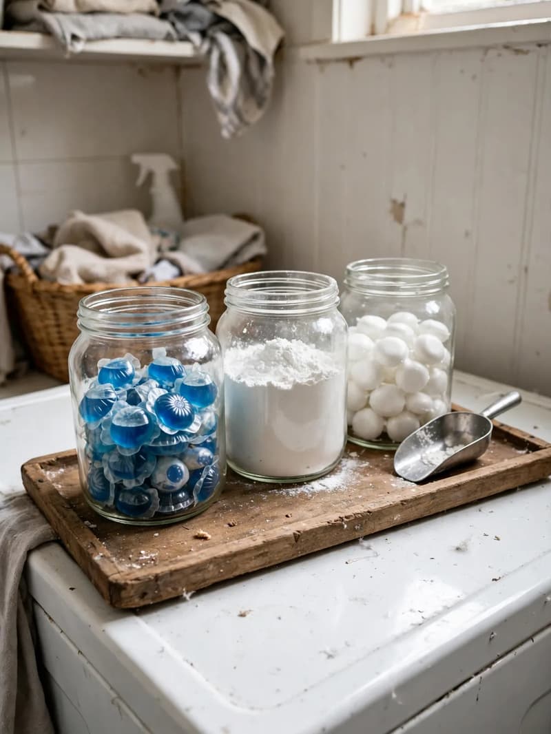 Three plain glass jars of blue laundry pods, white powder and dryer balls on a worn wooden tray on top of a washing machine, with a metal scoop
