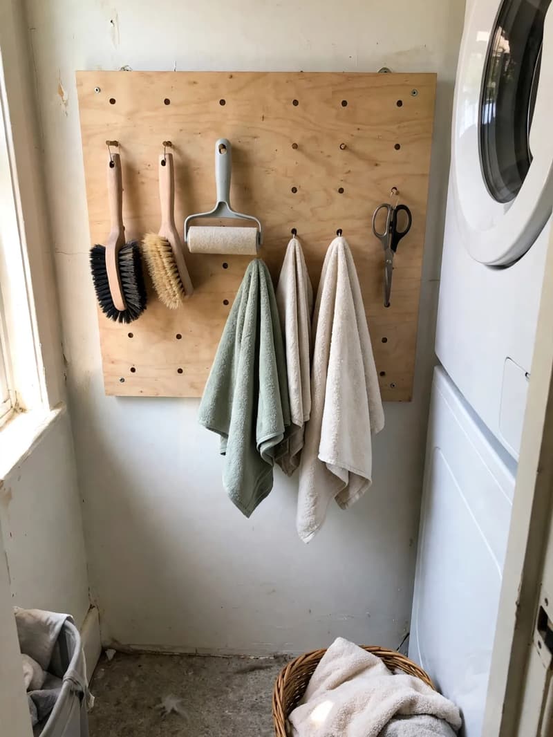 A wooden pegboard on a laundry room wall holding brushes, a lint roller, scissors and hanging cloths beside a stacked washer dryer